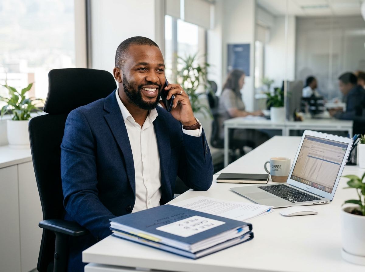 A Vector costs consultant on a call with a client at his desk, litigation files beside him